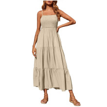 Sommerliches Maxikleid für Damen, ärmelloses, gestuftes Strandkleid im Boho-Stil mit Spaghettiträgern in Khaki – Kompatibel mit 2024