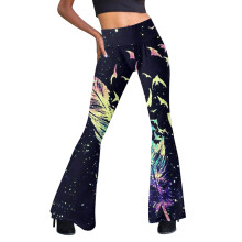 Calça de ioga/lama confortável de cintura alta e elástica, estilo boho anos 70.