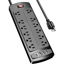 Power Strip, Sur Protector with 12 Outlets and 4 USB Ports, 6 Feet Extension Cord (1875W/15A), 2700 Joules, ETL Listed, Black