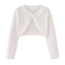 Cairdigan Bolero Cniotáilte Bán do Pháistí – Gearrtha, Mionsonraí Bogha, Muineál Babhta, Muinchille Fada, Comhoiriúnach le hÉadaí
