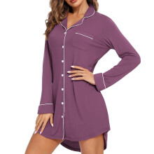 Dames lange nachtjurk met V-hals, effen kleur, knoopsluiting en zakken – korte mouwen, loungewear maat S-2XL | Modal katoen polyester mix,