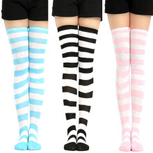3 Paar süße Damen-Streifen-Oberschenkelstrümpfe, dehnbar, lange Cosplay-Socken
