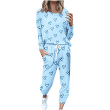 Damespyjama's, loungesets voor dames, casual bijpassende set voor dames: top met lange mouwen en ronde hals met print en comfortabele loungebroek,