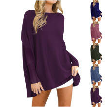 Plus size uitgaanstop voor dames: trui met lange mouwen, ronde hals, effen gebreide trui, sweatshirt voor dames, trendy top voor dames, paars, L