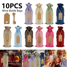 Lot de 10 sacs à vin en lin, 35 x 15 cm, réutilisables, avec bouchon, corde et étiquette.