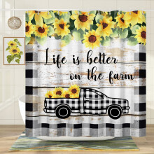 Duschvorhang im Landhausstil mit LKW-Motiv – Karomuster mit Sonnenblumen, rustikales Vintage-Holzdesign, wasserdicht und maschinenwaschbar (Haken