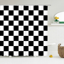 Cortina de chuveiro listrada em preto e branco com tecido de poliéster impermeável e estampa geométrica para decoração de casa e banheiro.
