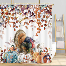 Douchegordijn met Thanksgiving-kalkoen en herfstmotief, herfstbladeren en pompoenen, boho-stijl, botanisch design, 183 x 183 cm, inclusief haken.