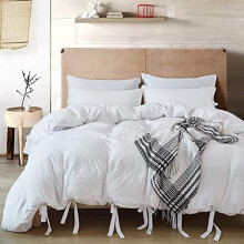 Juego de funda nórdica blanca matrimonial (79x90"), 3 piezas, microfibra suave lavada con lazos, ropa de cama de fácil cuidado.