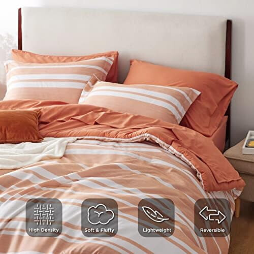 Twin Comforter Set Burnt Orange Striped Reversible 5-Pc 2