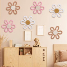 6 Pcs Boho Daisy Flower Wall Art, Woven Macrame Pediments for Nursery & Bedroom Decor (Classic Color, Yarn & Cotton Rope)