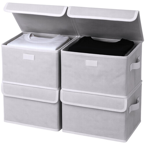 4-delte foldbare non-woven opbevaringskasser med låg, grå