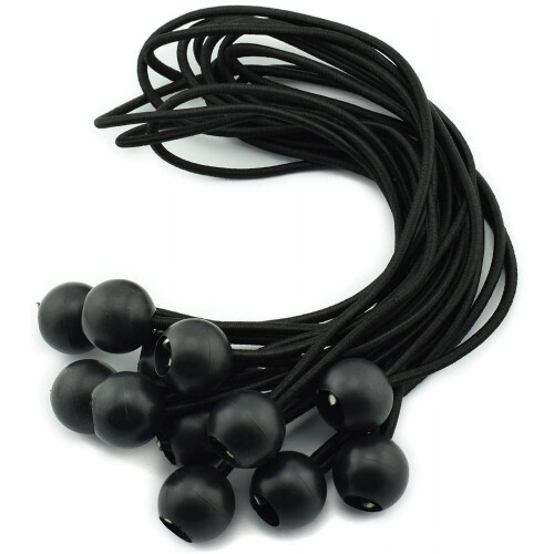 Conjunto de 12 cordas elásticas pretas de 30 cm (12 polegadas) com bola para fixação de toldos, lonas e barracas.