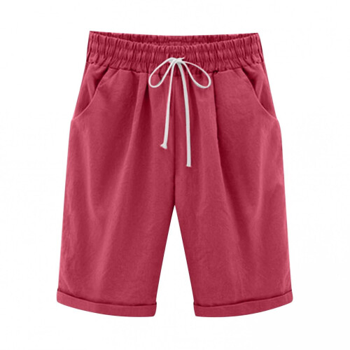 Dameshorts i bomuld-hør, plus size, røde, størrelse 4
