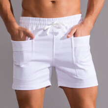 Men's Three-point Cotton Casual Athletic Shorts, Solid Color Mid-Rise Drawstring Waist with Pockets, Quick-Dry Gym Running Summer Shorts