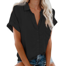 Zomerse tops voor dames, damesshirts, plus size, tops met kraag, korte mouwen, blouse met knoopsluiting, modieuze effen kleuren, casual pasvorm,