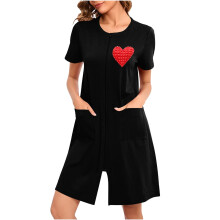 Pigiama lungo da donna per San Valentino, con cerniera e tasca frontale, in poliestere ed spandex, con stampa a cuori, morbido e comodo.