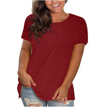 T-shirts d'été à manches courtes pour femmes, ourlet arrondi, style décontracté, couleur bordeaux, taille L