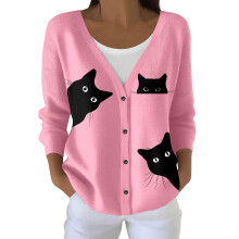 Eleganter Damen-Strickcardigan mit langen Ärmeln und Katzenmotiv