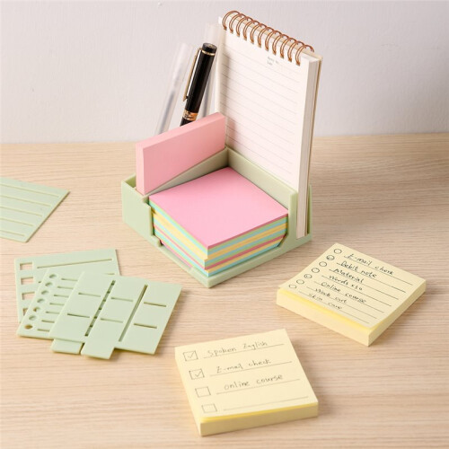 Sticky Note Holder,for 3x3/4x4 Sticky Note Stencil Dispenser with Template,Memo Pad Organizer for Office Green 1