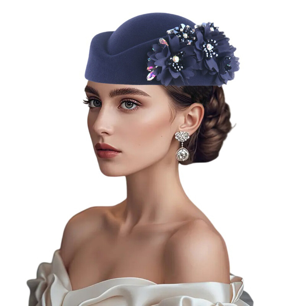 (One Size, Navy) Women Pillbox Hat with Flowers Vintage British Style Derby Hats Felt Berets Fascinators Caps for Church Tea Party