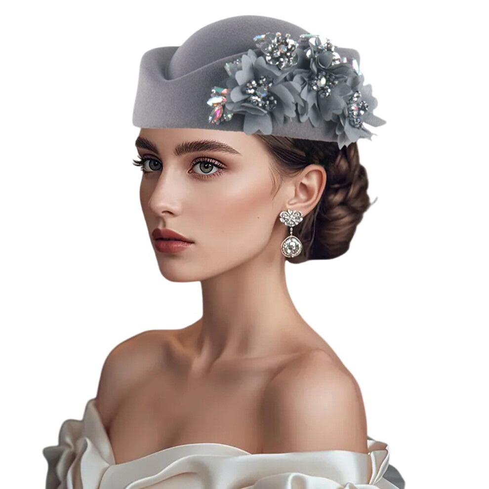 (One Size, Gray) Women Pillbox Hat with Flowers Vintage British Style Derby Hats Felt Berets Fascinators Caps for Church Tea Party
