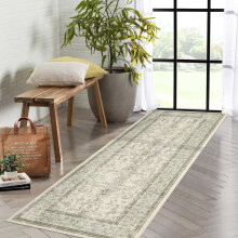 2'x6' Boho Vintage Floral Runner Rug, Stain Resistant, Non-Slip, Low Pile – Light Green