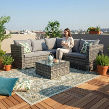 (Grey) BIRCHTREE Rattan Garden Furniture Set Corner Sofa Glass Table Patio 5 Seaters