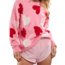 (L, Pink) Women's Valentine's Day Knit Sweater Long Sleeve Round Neck Pearl Heart Print Knitwear