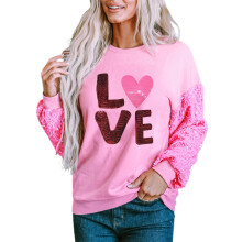 (XL, Pink) Sweat-shirt femme, manches longues, col rond, à capuche ornée de lettres et de sequins, idéal pour la Saint-Valentin