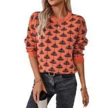 (S, Orange) Women's Autumn Winter Knit Sweaters Long Sleeve Round Neck Fashion Jacquard Knitwear