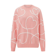 (L, Coral Red) Women's Abstract Heart Pattern Sweaters Long Sleeve Round Neck Loose Pullover Fall Winter Tops