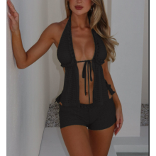 (XL, Black) Ensemble 2 pièces pour femme : débardeur sans manches à col halter et fermeture à nouer sur le devant, mini-short taille basse.