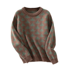 (S, Dark Brown) Pulls en maille jacquard tendance automne-hiver pour femmes, manches longues et col rond