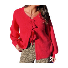 (M, Red) Women's Autumn Fashion Sweater Cardigan Red Long Sleeve O Neck Bow Tie Front Knitwear