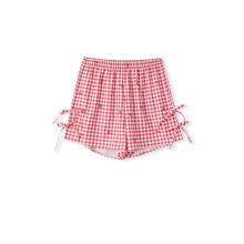 (S, Red) Short d'été ample femme à carreaux cerises avec nœud papillon, style décontracté, parfait vacances, plage et streetwear.