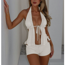(XL, White) Ensemble 2 pièces pour femme : débardeur sans manches à col halter et fermeture à nouer sur le devant, mini-short taille basse.