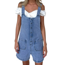 (XL, Sky Blue) Salopette da donna in denim, pantaloncini corti, tinta unita, ampia, tuta intera in jeans con tasche, ideale per lo streetwear.