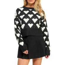 (L, Black) Pull court pour femme, imprimé cœur, col rond, manches longues, style décontracté, idéal pour la Saint-Valentin.