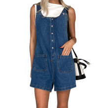 (S, Blue) Salopette da donna in denim, pantaloncini corti, tinta unita, ampia, tuta intera in jeans con tasche, ideale per lo streetwear.