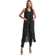 (XXL, Black) Damesvest met lange kwastjes, jaren 70 hippie-outfit, mouwloos openvallend jasje, western cowgirl-outfit