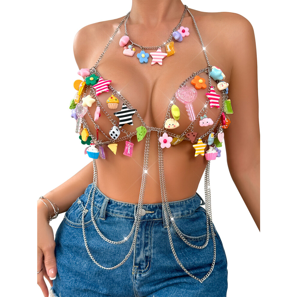Silver (One Size, ) Bra Chain Tops Metal Halter Chest Body Chains Beach Bikini Nightclub Crop Tops For Women