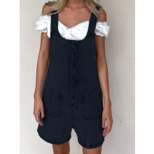 (M, Black) Salopette da donna in denim, pantaloncini corti, tinta unita, ampia, tuta intera in jeans con tasche, ideale per lo streetwear.