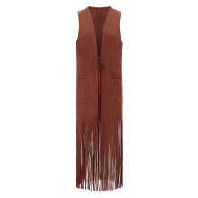 (L, Dark Brown) Damesvest met lange kwastjes, jaren 70 hippie-outfit, mouwloos openvallend jasje, western cowgirl-outfit