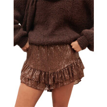 (S, Camel) Short à volants pailleté pour femme, coupe ample, taille élastique, nœud sur le devant, idéal pour les sorties