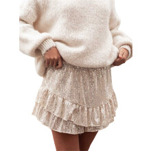 (L, Beige) Short à volants pailleté pour femme, coupe ample, taille élastique, nœud sur le devant, idéal pour les sorties