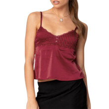 (S, Red) Femei dantelă trim camisol subțire V-neck cravată spate spaghete curea spate fără bretele crop topuri de vară streetwear