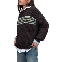 (XL, Dark Brown) Women Loose Knit Sweater Stripe Crew Neck Long Sleeve Pullovers Fall Winter Casual Jumpers Tops
