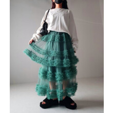 (One Size, Cyan) Women's Tulle A-Line Long Skirt High Waist Sheer Mesh Tiered Ruffled Skirt for Summer, Spring