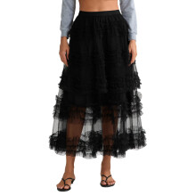 (One Size, Black) Jupe longue trapèze en tulle pour femme, taille haute, à volants et tulle transparent, idéale pour l'été et le printemps.